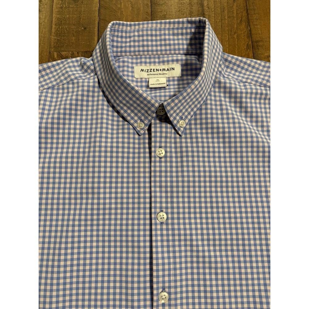 Mizzen+Main Blue Gingham Performance Dress Shirt Men XL Trim Button Down Stretch